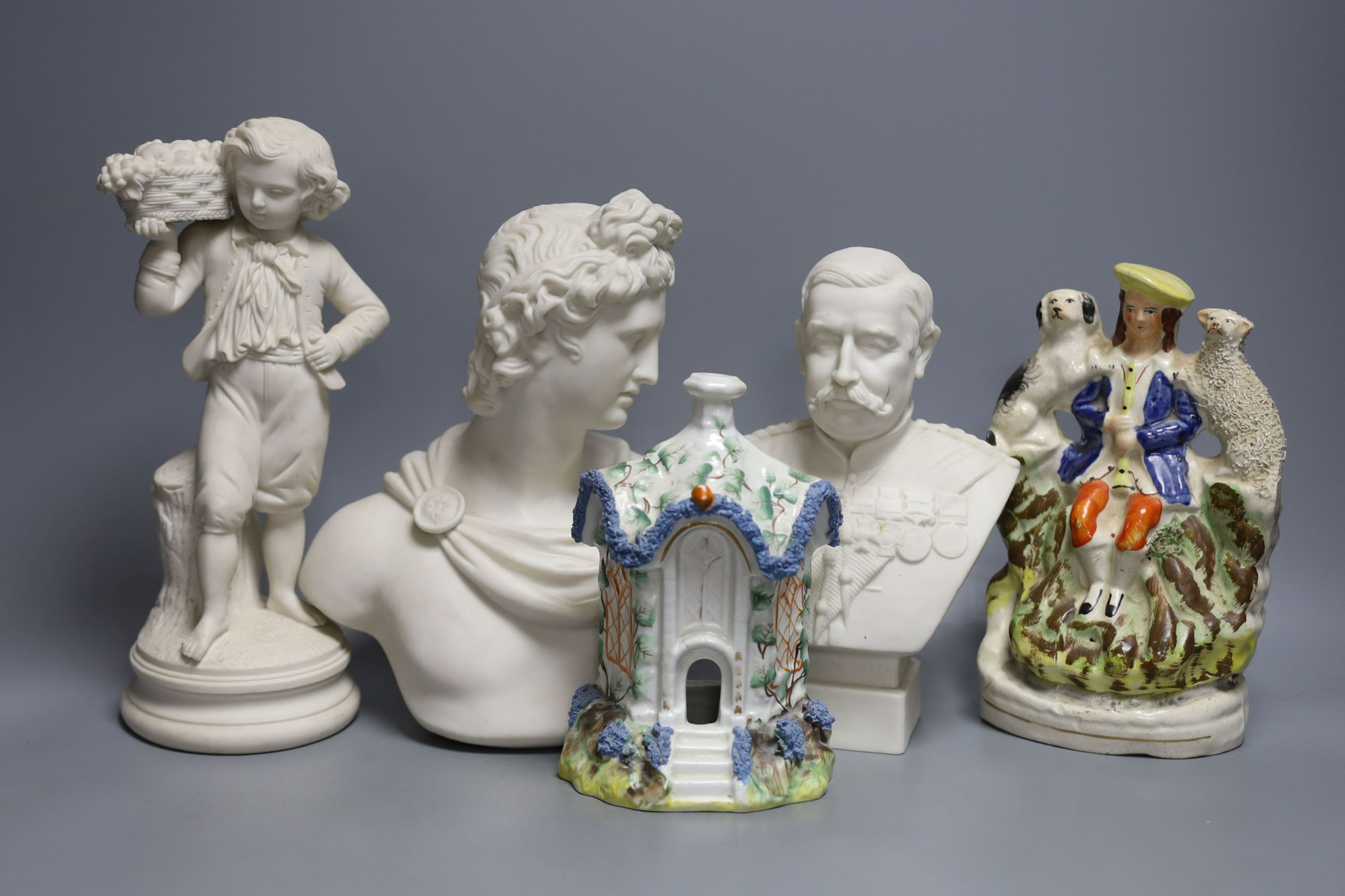 Two parian busts and a similar figure and two items of Staffordshire pottery - tallest 26cm